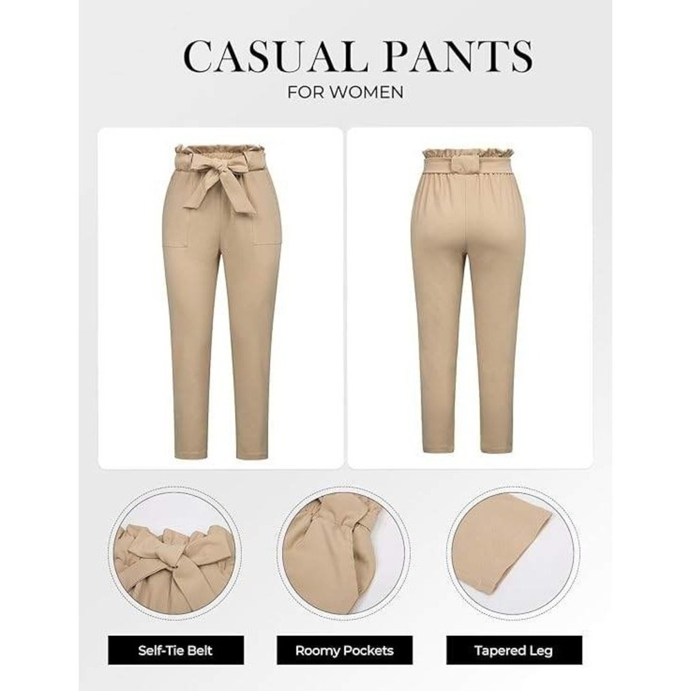 Grace Karin Khaki Paperbag Waist Tapered Pants with Tie Belt Tan Business Casual - Picture 2 of 5